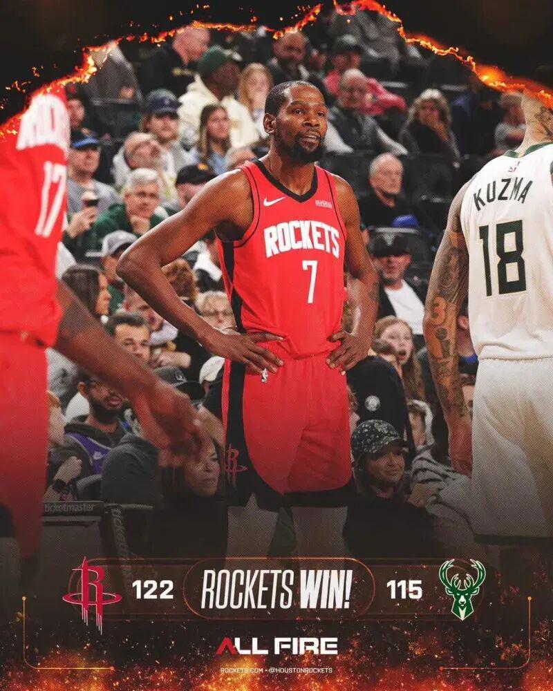 火箭122-115雄鹿：杜兰特31分领衔新三叉戟，字母哥37分难救主