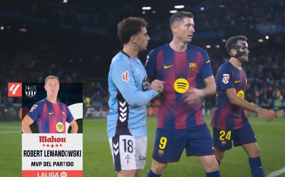 西甲赛场闪耀！莱万帽子戏法荣膺塞尔塔vs巴萨全场最佳