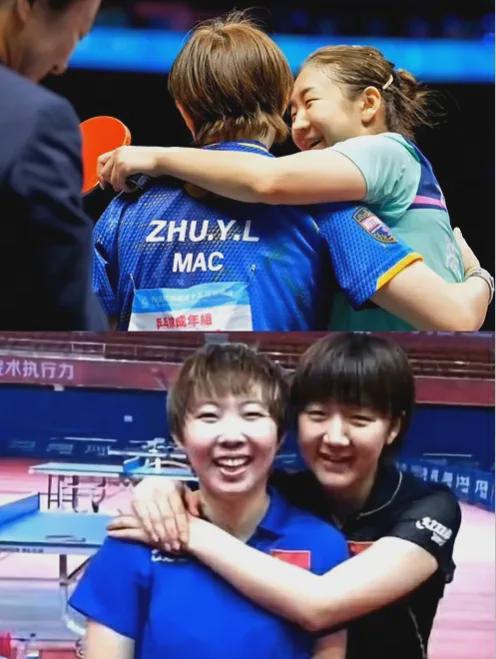 结束最后一次对决，陈梦和朱雨玲笑着相拥